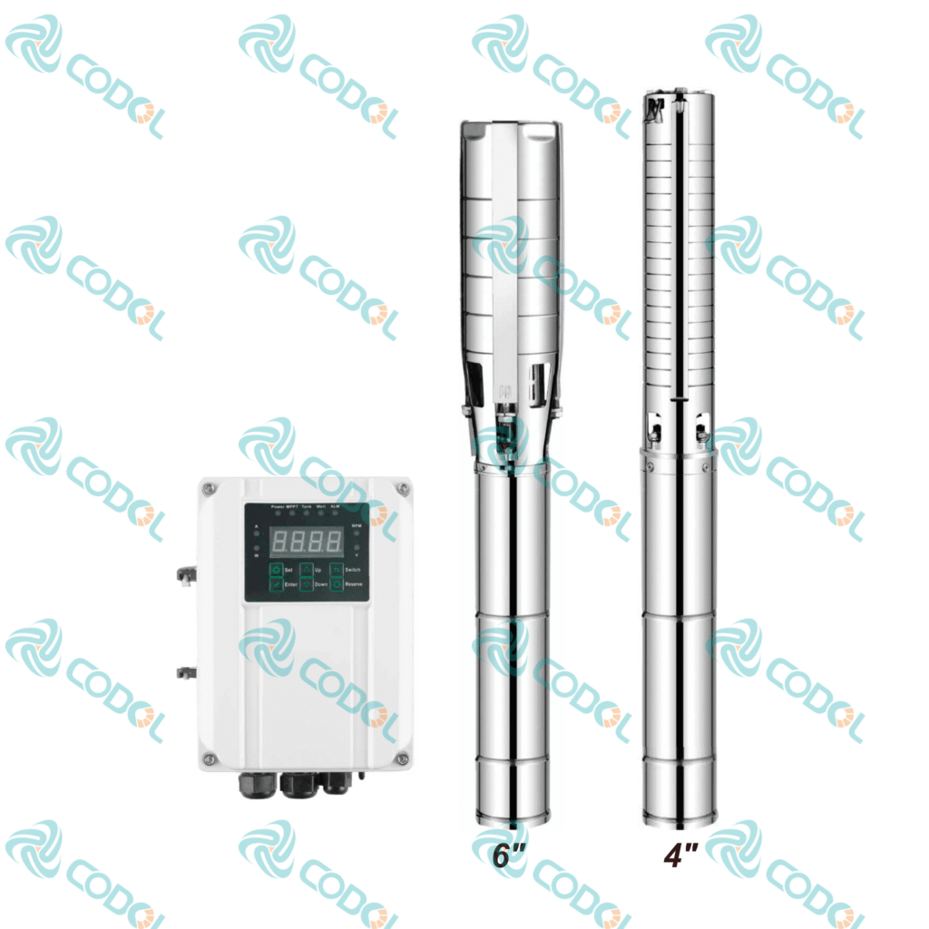 CODOL CPCB solar deep well pump with stainless steel impellers and external MPPT controller