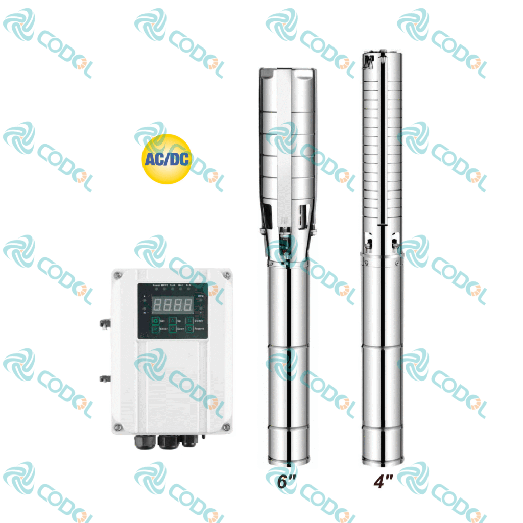 CODOL CPCB hybrid AC DC solar deep well pump with stainless steel impellers and external MPPT controller